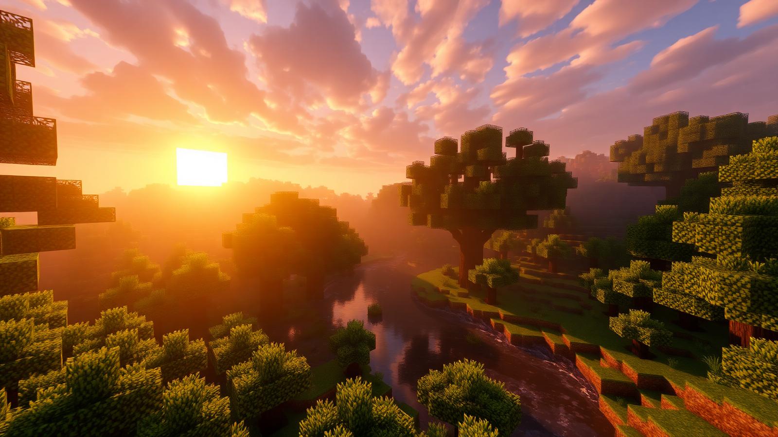 SEUS Shaders golden sunrise over a forest in Minecraft